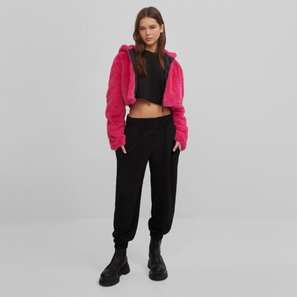 Bershka Jackets & Blazers - *SOLD* NWOT Bershka fuchsia pink faux fur hooded cropped teddy jacket, S